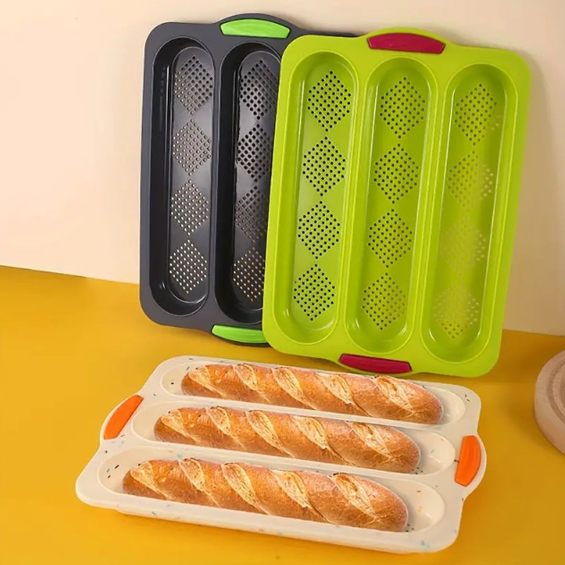 New silicone long three-slot baguette baking pan diamond grid cake mold for home use DYI bake