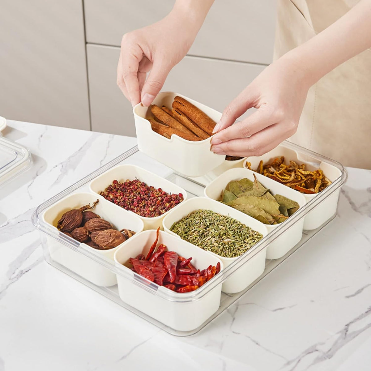 Divided Serving Tray with Lids and Handle, 8 Compartments, Snack Box, Food Storage Box, Vegetarian Candy Snack Party Appetizer Tray (White-Rectangle)