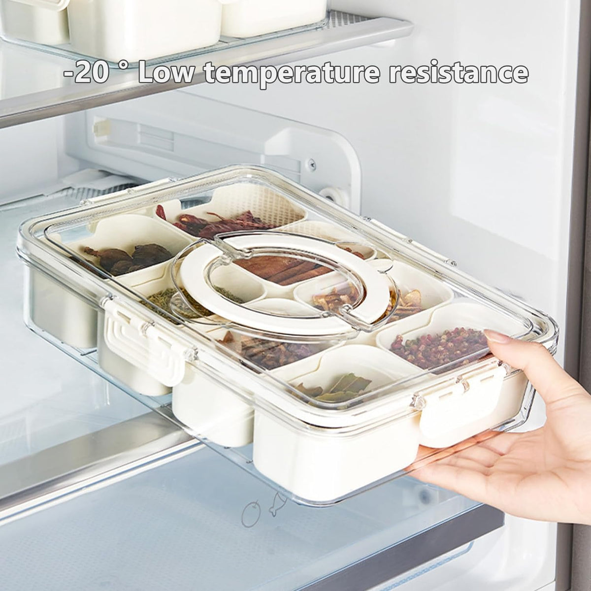 Divided Serving Tray with Lids and Handle, 8 Compartments, Snack Box, Food Storage Box, Vegetarian Candy Snack Party Appetizer Tray (White-Rectangle)