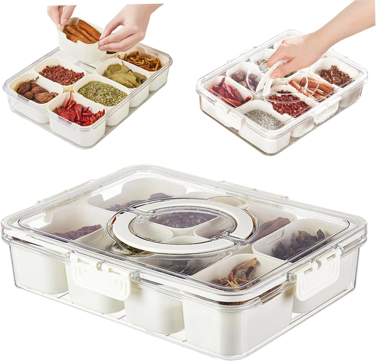 Divided Serving Tray with Lids and Handle, 8 Compartments, Snack Box, Food Storage Box, Vegetarian Candy Snack Party Appetizer Tray (White-Rectangle)