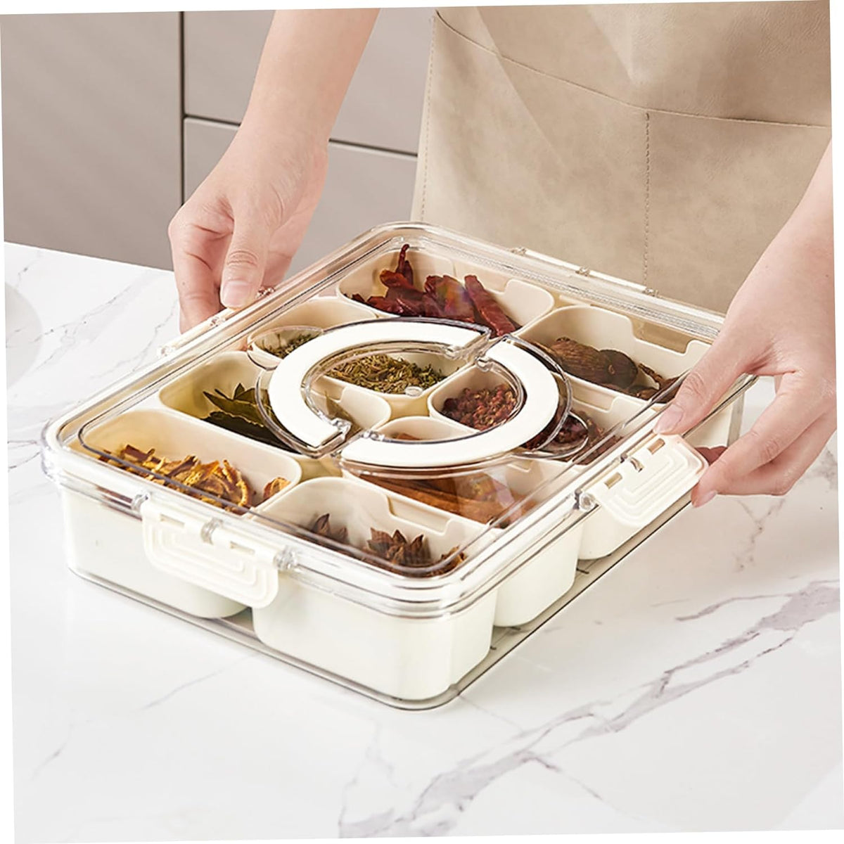 Divided Serving Tray with Lids and Handle, 8 Compartments, Snack Box, Food Storage Box, Vegetarian Candy Snack Party Appetizer Tray (White-Rectangle)