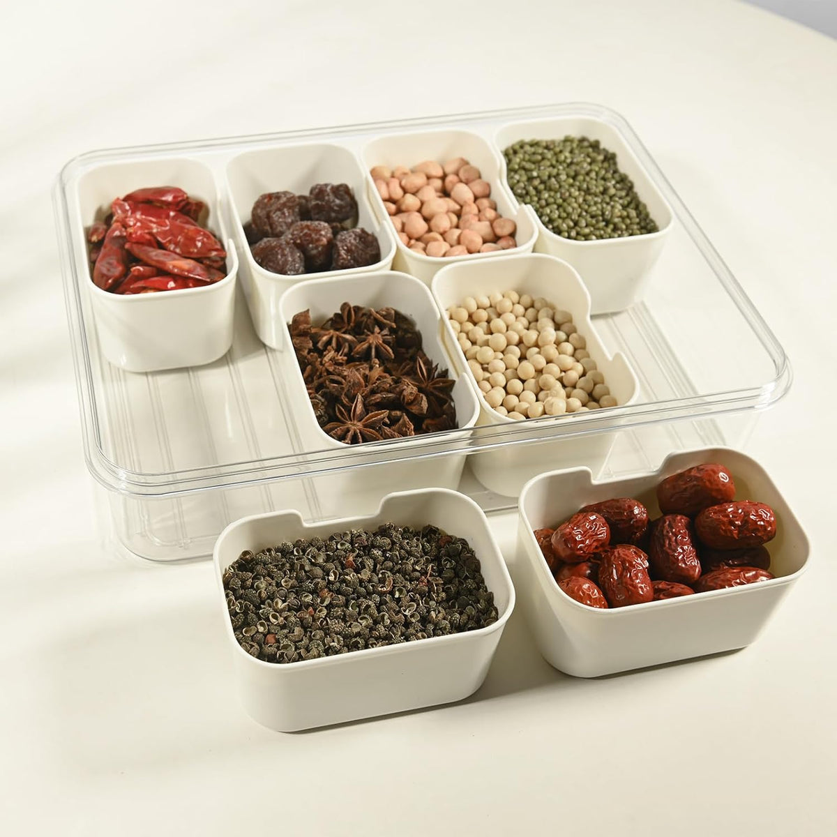 Divided Serving Tray with Lids and Handle, 8 Compartments, Snack Box, Food Storage Box, Vegetarian Candy Snack Party Appetizer Tray (White-Rectangle)