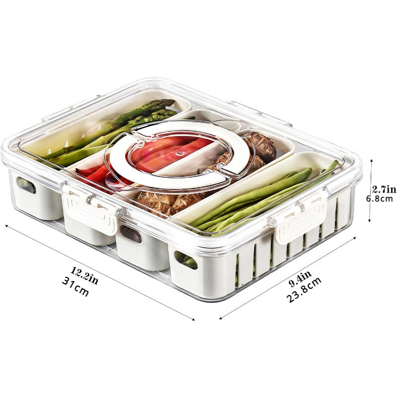 Stackable Plastic Divided Veggie Tray With Lid & Handle, 4-Compartment Serving Platter, Portable Charcuterie Container For Fruits, Vegetables, Salad, Travel-Friendly Snack Storage Box