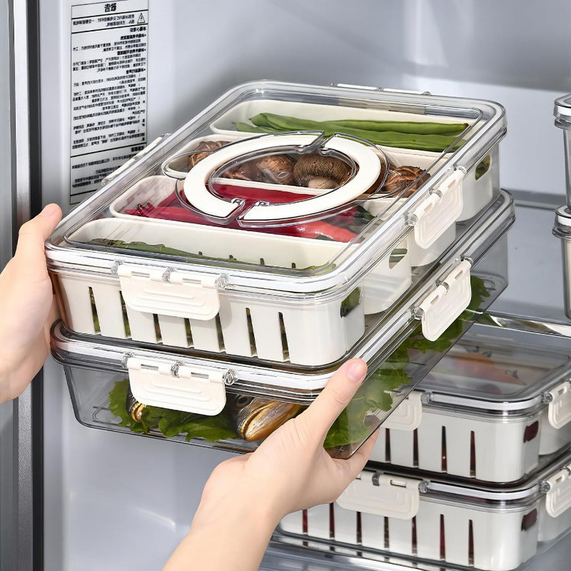 Stackable Plastic Divided Veggie Tray With Lid & Handle, 4-Compartment Serving Platter, Portable Charcuterie Container For Fruits, Vegetables, Salad, Travel-Friendly Snack Storage Box