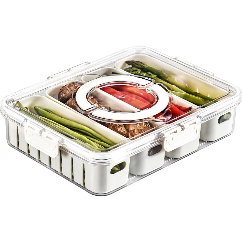 Stackable Plastic Divided Veggie Tray With Lid & Handle, 4-Compartment Serving Platter, Portable Charcuterie Container For Fruits, Vegetables, Salad, Travel-Friendly Snack Storage Box