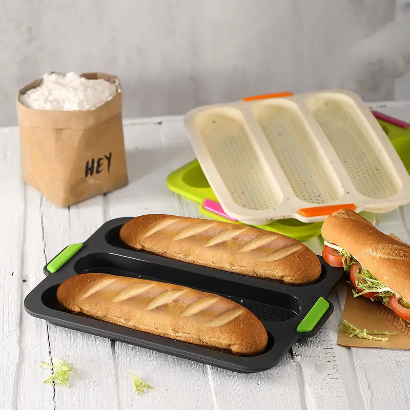 New silicone long three-slot baguette baking pan diamond grid cake mold for home use DYI bake