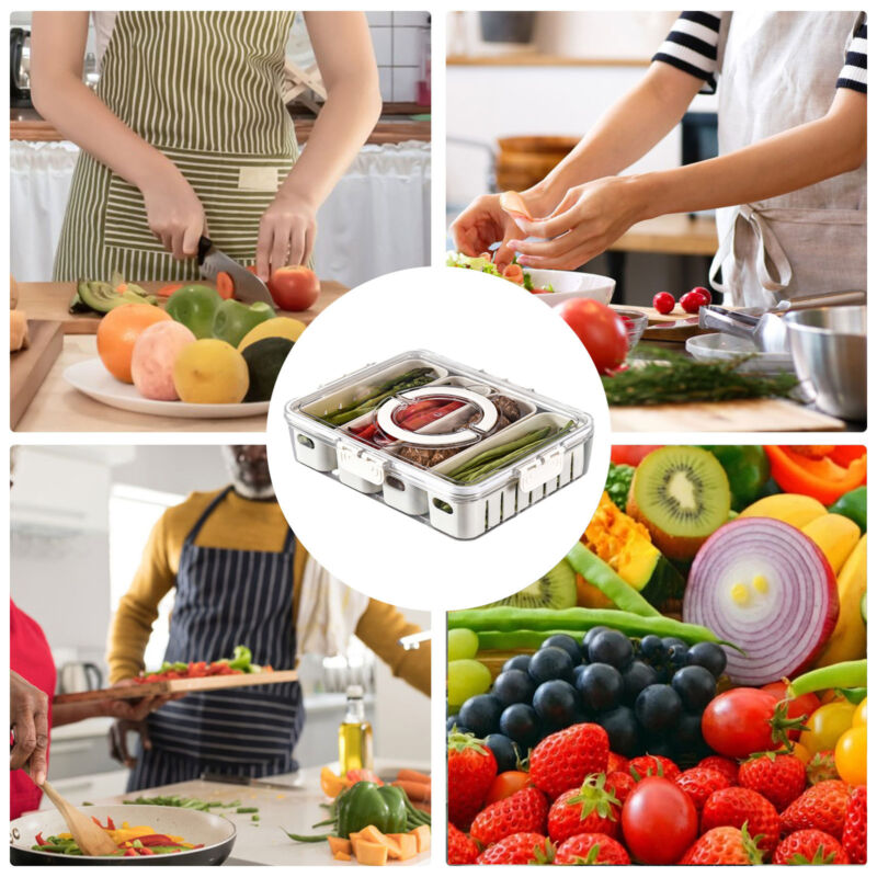 Stackable Plastic Divided Veggie Tray With Lid & Handle, 4-Compartment Serving Platter, Portable Charcuterie Container For Fruits, Vegetables, Salad, Travel-Friendly Snack Storage Box