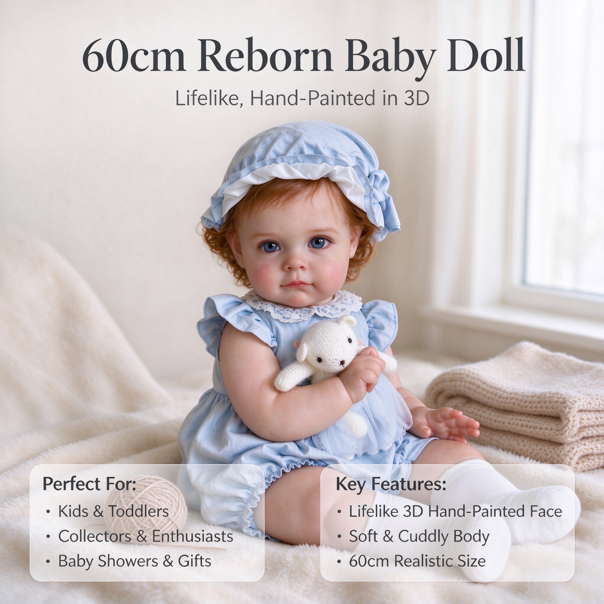 60cm Reborn Baby Doll – Lifelike, Hand-Painted in 3D