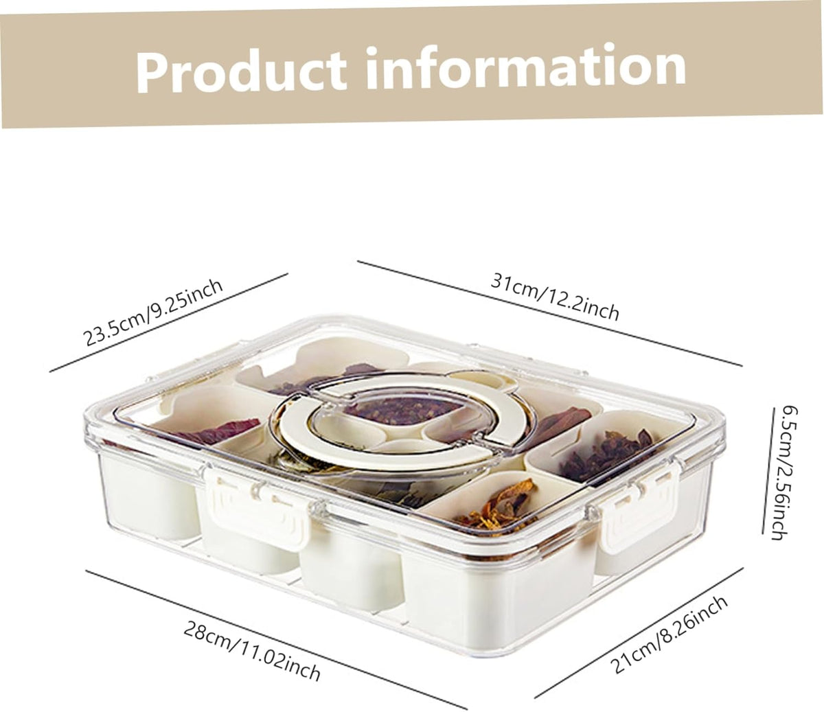 Divided Serving Tray with Lids and Handle, 8 Compartments, Snack Box, Food Storage Box, Vegetarian Candy Snack Party Appetizer Tray (White-Rectangle)