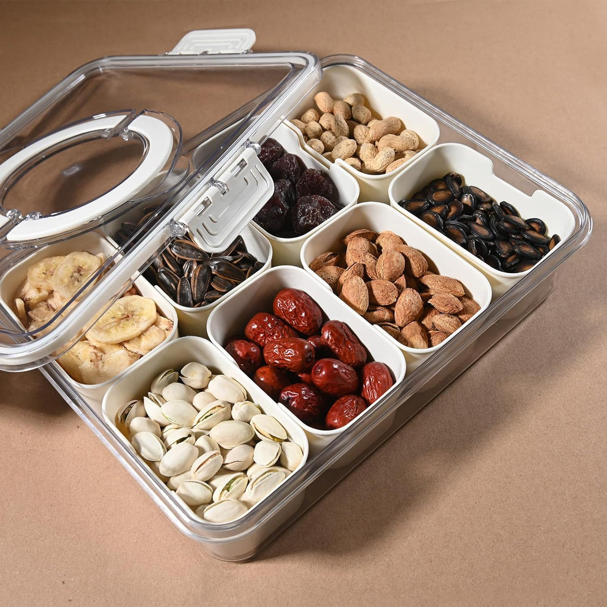 Divided Serving Tray with Lids and Handle, 8 Compartments, Snack Box, Food Storage Box, Vegetarian Candy Snack Party Appetizer Tray (White-Rectangle)