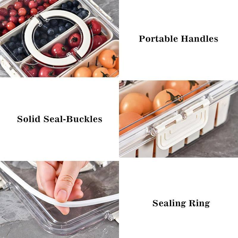 Stackable Plastic Divided Veggie Tray With Lid & Handle, 4-Compartment Serving Platter, Portable Charcuterie Container For Fruits, Vegetables, Salad, Travel-Friendly Snack Storage Box