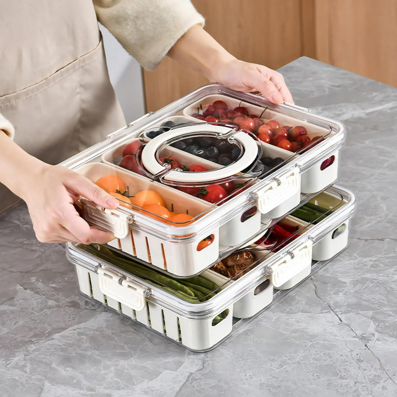 Stackable Plastic Divided Veggie Tray With Lid & Handle, 4-Compartment Serving Platter, Portable Charcuterie Container For Fruits, Vegetables, Salad, Travel-Friendly Snack Storage Box
