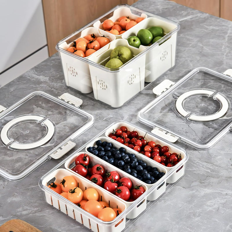 Stackable Plastic Divided Veggie Tray With Lid & Handle, 4-Compartment Serving Platter, Portable Charcuterie Container For Fruits, Vegetables, Salad, Travel-Friendly Snack Storage Box